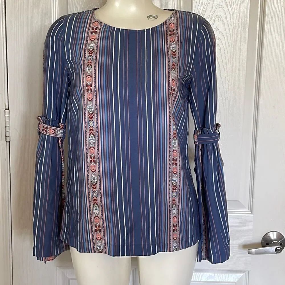 LC Lauren Conrad Blue Stripe BOHO Tie Bell Sleeve size small